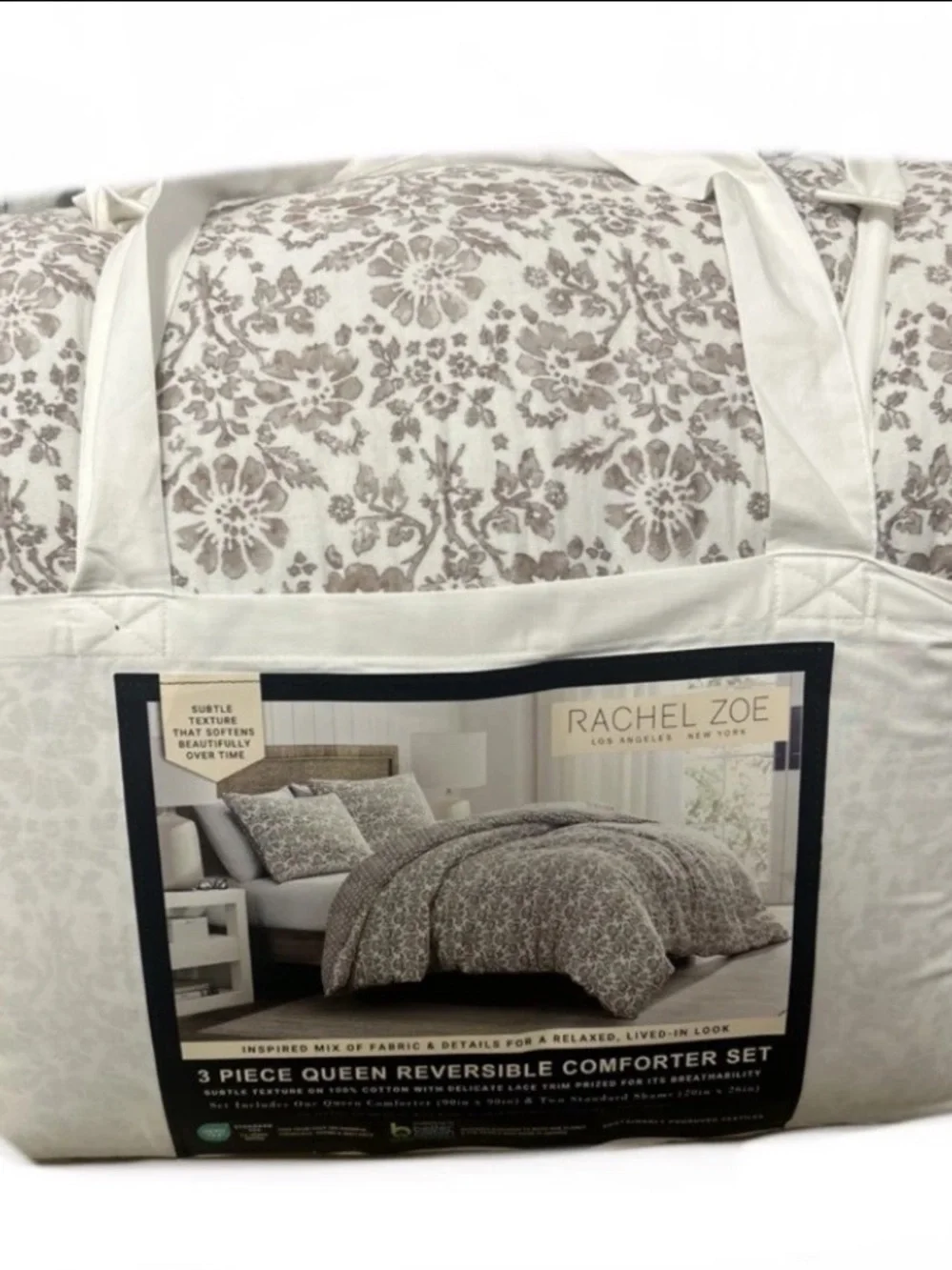 Rachel Ashwell Brown and White Floral Cotton Comforter Set with Lace Trim